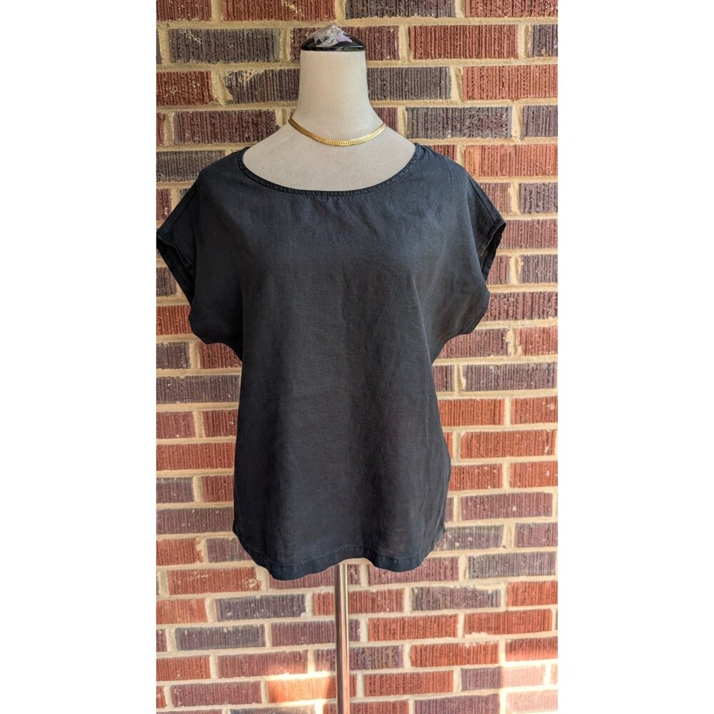 Quince Linen Dolman Short Sleeve Relaxed Top - Black -Sz Med